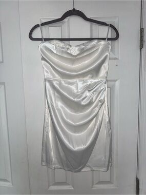 Windsor Strapless White Satin Cowl-Neck Mini Dress